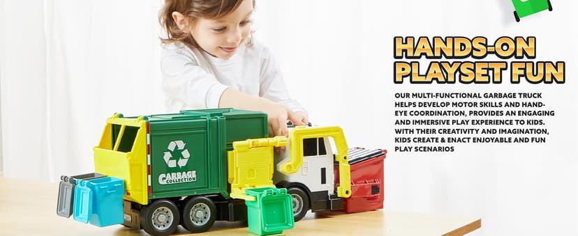 JOYIN Large Friction Powered Garbage Truck Toy Set, Includes 1 Dumpster, 3 Trash Bins, and 30 Learning Cards for Kids, Boy Toys Birthday Gift, Green B095XJDJ8V