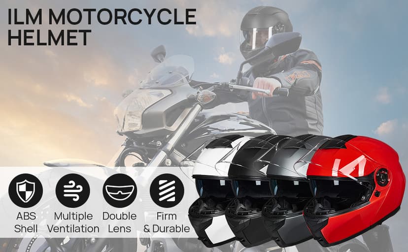 ILM Adult Motorcycle Modular Full Face Helmet Flip up Dual Visor DOT Approved Model 159(Matte Black,Large)