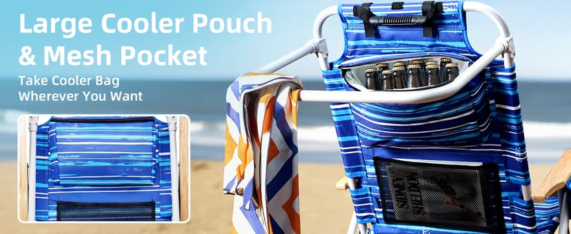 Tall Beach Chairs for Adults, 17" High Backpack Beach Chair with Wooden Armrests, 5 Positions Reclining Heavy Duty Chair with Large Cooler Pouch, Support to 350LBS Striped Blue,1pack