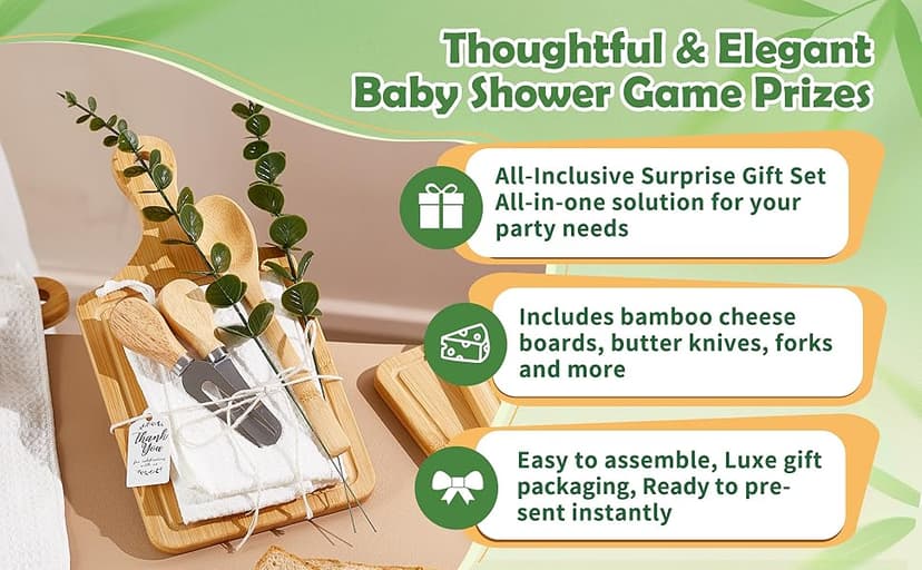 55Pcs Baby Shower Prizes for Game Winners 6 Sets Bamboo Cheese Board Spoon Fork Butter Spreaders Plaid Towel Thank You Card and Gift Bags for Baby Shower Wedding Bridal Shower Favors
