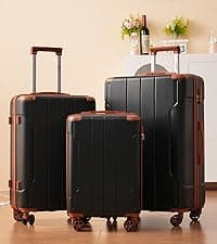 Merax Luggage Sets 3 Piece Hardshell 8 Spinner Wheels Lightweight Suitcase Corner Guards Travel Luggage (Black brown 20IN 24IN 28IN)