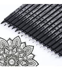 KERIFI Micro Fineliner Drawing Pens for Artists, 16 Black Fine Liner Markers, Waterproof Archival Ink Multiliner Pens, Technical Mandala Zentangle Book Accessories, Art Supplies Stuff Gifts for Adults
