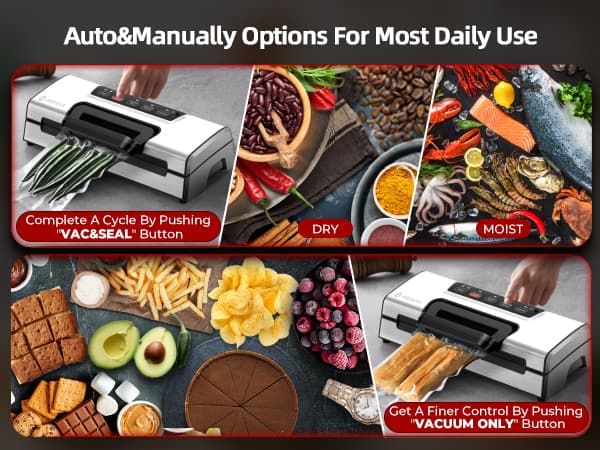 Precision Vacuum Machine,Pro Food Sealer with Built-in Cutter and Bag Storage(Up to 20 Feet Length), Both Auto&Manual Options,2 Modes,Includes 2 Bag Rolls 11”x16’ and 8”x16’,Compact Design