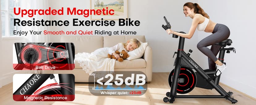 CHAOKE Exercise Bike, Quiet Adjustable Magnetic Stationary Bike for Home Cardio with App Compatible, 350LB Weight Capacity Indoor Cycling Bike with Large Seat, Dumbbell Rack, Pull Cords & LCD Display