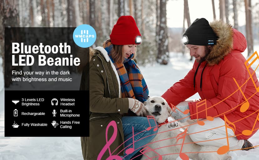 Bluetooth Hat with Light Cordless Headphones, USB Rechargeable, Hands-Free Headlamp For Dog Walking, Running, Outdoor Work Wmcaps Bluetooth Beanie with LED Light and Headphones, Christmas Tech Gifts B09DJVT3W3