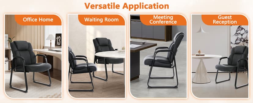 CLATINA Big and Tall Office Chair 500lbs Leather Reception Chair with Bonded Padded Armrest Wide Seat Sled Base Desk Chair No Wheels for Reception Conference Waiting Room Side Office Home, Black