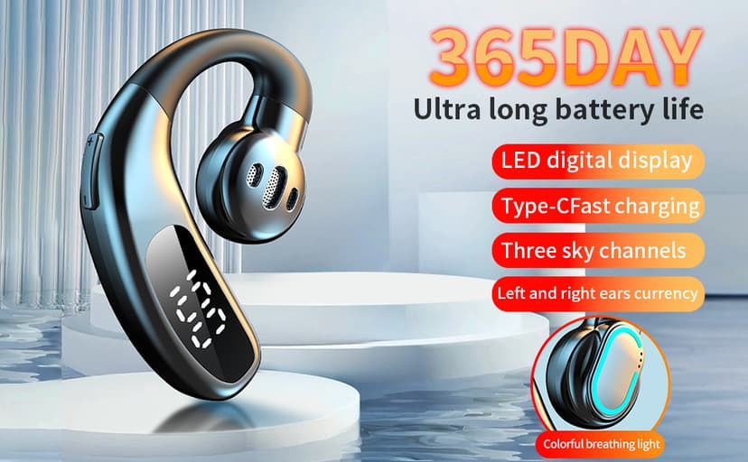 SZHYHTIKI Bluetooth Single Headset,180° Rotatable Open Ear Wirless Earbud,36H Playtime Bluetooth 5.5 Earpiece,IPX5 Waterproof,LED Display Power Earphone for Business/Office/Driving/Sporting