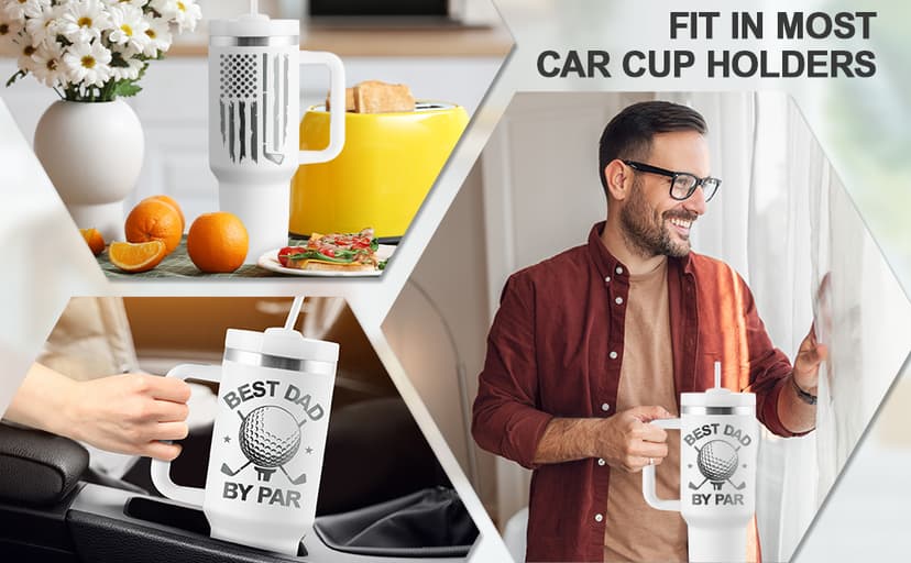 Golf Gifts for Dad - Fathers Day Golf Gifts for Men - Funny Golfer Gift Ideas for Him - Best Dad By Par - 40oz Travel Cup Insulated Tumbler with Handle & Straw