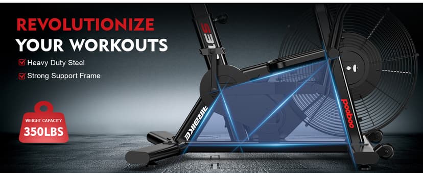 pooboo Exercise Bike, Stationary Bike for Home Gym, Air Resistance Bluetooth Fan Bike w/Dual Acction Handlebars & Dual-Layer Transmission System, Upright AirBike Indoor Cycling Bike for Cardio Workout