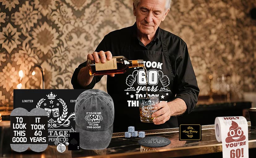 60th Birthday Gifts for Men Whiskey Glass Set, 60th Birthday Party Supplies with 11 Oz Whiskey Glass Coaster Stone Baseball Cap Apron Sock Funny Toilet Paper Keychain for Him, Dad, Husband, Friends