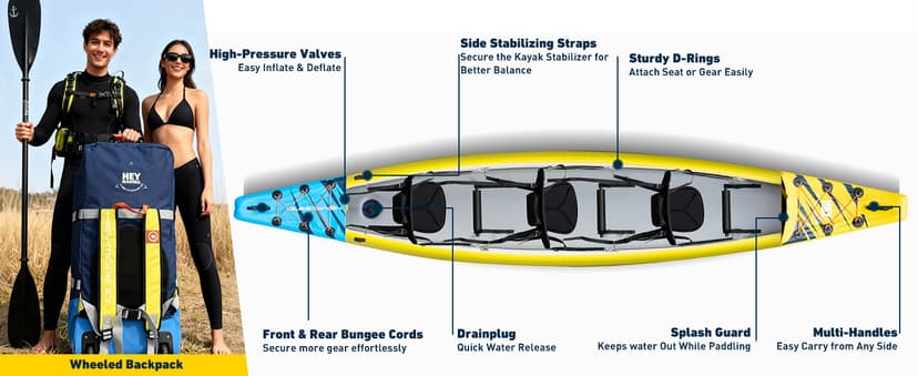Inflatable Kayak Fishing Kayak for Adults Portable Touring Kayak Canoe with Wheeled Backpack, Seats, Pump and Paddles, Full Drop Stitch Construction