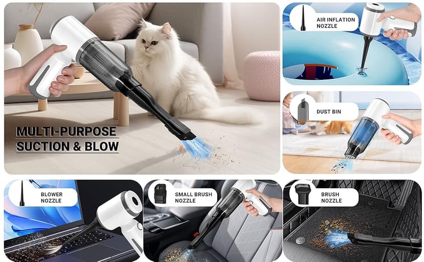 Cordless Vacuum Cleaner-Mini Air Duster, Portable Handheld Vacuum, 3 in1Dry Use Dust Buster & Air Blower for Kitchen, 6500PA Suction,Inflate/Deflate Swim Ring (White)
