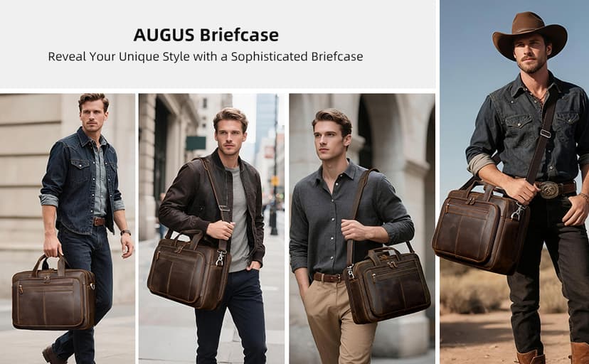 Augus Business Travel Briefcase Genuine Leather Duffel Bags for Men Laptop Bag fits 15.6 inches Laptop YKK Metal Zipper (Dark brown)