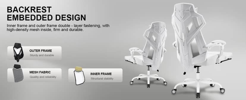 GTPLAYER Gaming Chair, Computer Chair with Mesh Back, Ergonomic Game Chair with Footrest, Reclining Game Chair with Adjustable Headrest and Lumbar Support for Gaming and Office (White)