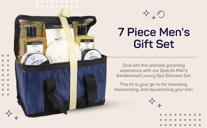 SpaLife Men's Sandalwood Luxury Spa Skincare Set - Complete Care Kit for Rugged Revitalization, Exfoliating Scrub - Bath and Body Collection for Cleansing, Moisturizing, and Rejuvenation