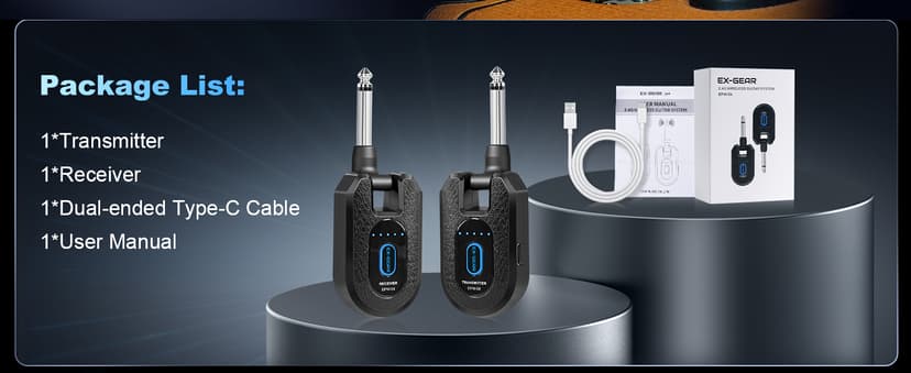 EX GEAR High-Grade Wireless Guitar System 2.4GHz Wireless Guitar Transmitter Receiver Rechargeable, 4 Signal Channel, 235° Rotating Plug, 50m Range for Bass Guitar Electric Instruments