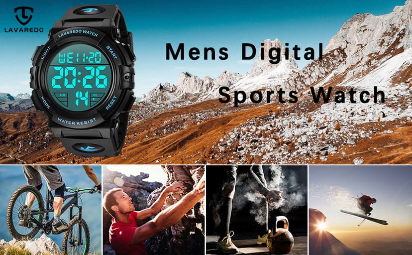 L LAVAREDO Mens Digital Watch Sports Military Watches Waterproof Outdoor Chronograph Wrist Watches for Men with LED Back Ligh/Alarm/Date