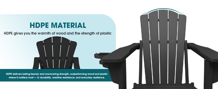 THOEOE Folding Adirondack Chair,HDPE All-Weather Outdoor Chair with Cup Holder,Wooden Textured,Fire Pit Chair,Plastic Patio Chair for Deck,Backyard,Garden,Lawn, Black
