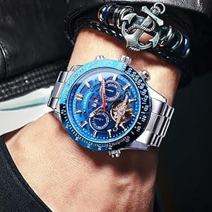 FORSINING Men Tourbillon Mechanical Self-Wind Watch, Day Date Month Full Calendar, Luminous Tachymeter Multifunctional Automatic Watches, Carved Big Dial Stainless Steel Band Wrist Watch