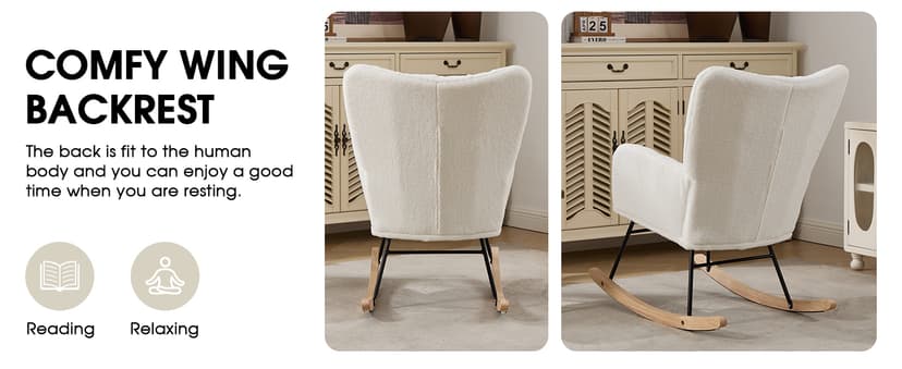 Nursery Rocking Chair, Teddy Upholstered Glider Chair with Thick Cushion, Tufted Gliding Rocker Chair with Wood Leg, Cozy Rocking Armchair, Accent Rocking Chair for Living Room (Ivory)
