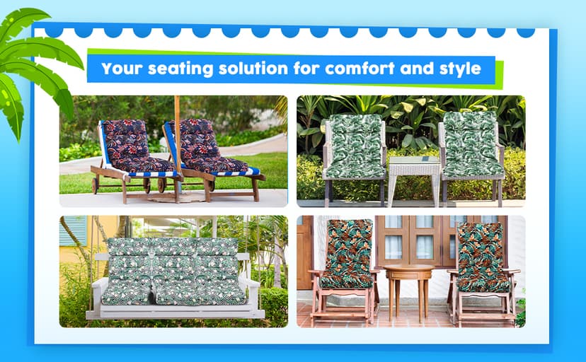 Barydat 4 Pcs Tufted High Back Chair Cushion Indoor Outdoor Seat and Back Cushions Palm Leaves Tropical Plants Lawn Rocking Chair Pads with Ties for Adirondack Patio Garden(Blue Stripes)