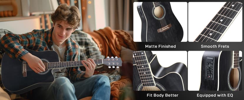 Ktaxon Full-Size Acoustic Electric Guitar with Amp, 41 Inch Basswood Body Guitars Kit for Beginner & Intermediate W/Bag, Strap, and Capo All Accessories Included (Black)