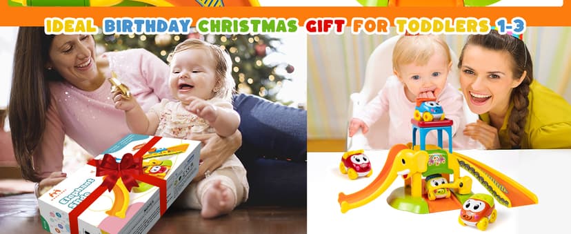 Marstone Toddler Toys for 1 2 Year Old Boys and Girls Gifts: Educational Elephant Slide with 4 Animal Cars Toys for Baby 12-18 Months, First Birthday Present Learning Push Truck Track Ages 1-2