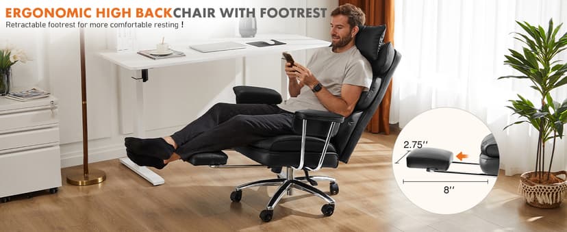Sweetcrispy Executive Home Office Desk Chair - Ergonomic Big Tall High Back with Footrest & Lumbar Support, Reclining Height Adjustable, Comfy PU Leather Computer Gaming with Swivel Wheels, Black