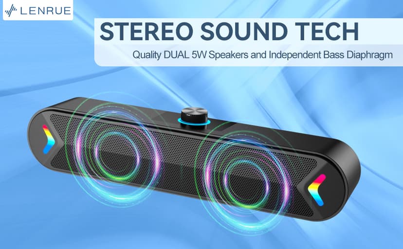 LENRUE Computer Speakers,PC Speakers for Desktop,Wired USB-Powered Sound-bar for Computer with 10W Stereo Sound and Colorful Light,Plug-n-Play (A39PRO /Black)