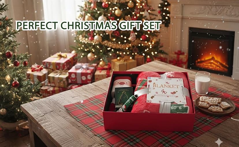 2025 Christmas Gift Set for Women, Holiday Gift Box with Cozy Blanket, Hand Cream, Santa Mug, Scented Candle & Fuzzy Socks, Christmas Gift Basket for Mom, Sister, Best Friend or Coworker
