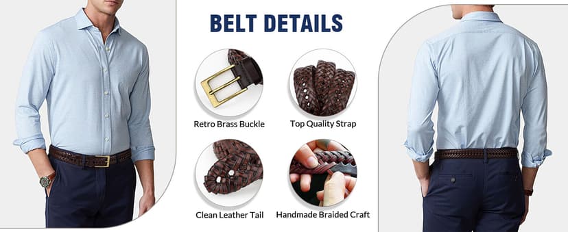 JASGOOD Men's Braided Leather Belt, Braided Woven Belt for Men Casual Jeans with Solid Strap Single Prong Buckle