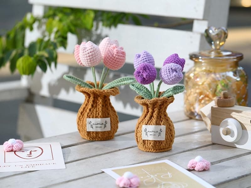 Cute Gifts for Women, Boss Day, Teacher Appreciation, Coworker & Nurse Thank You Gift, Desk Decor, 4.7 In H × 2.4 In W Forget-Me-Not Crochet Flower Potted Plant Gift B0F26ST99P