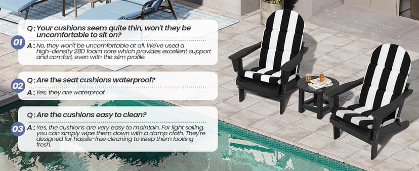 Crestlive 50x19.6 Inch Adirondack Chair Cushion Set of 2, Water Repellent, Fade Resistant, High Back Outdoor Rocking Chair Cushion for Patio, Black White Stripe