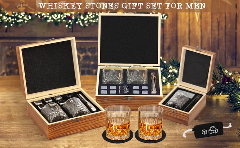 Whiskey Set Gifts for Men, DIOXADOP 6 Stainless Steel Whisky Stones 2 Crystal Whisky Glasses 1 Blessing Card in a Exquisite Wooden Box, Prepare a Gift for Whiskey Scotch Bourbon Lover