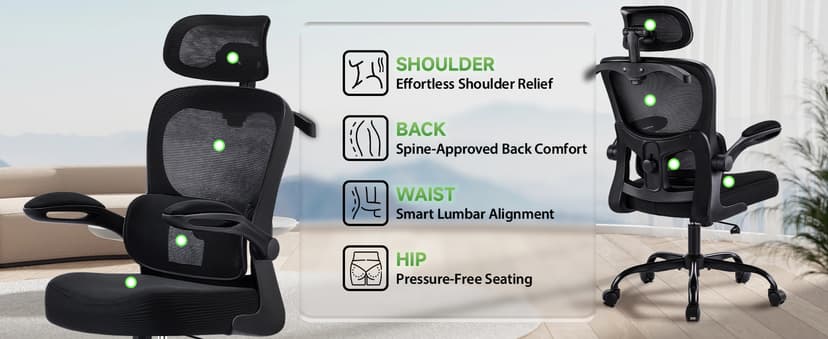 AreShark Office Chair Ergonomic Desk Chairs with Adjustable Lumbar Support& Headrest Hanger, High Back Breathable Mesh Chair with Wheels, Rolling Swivel Comfy Task Computer Chair for Home Work Gaming