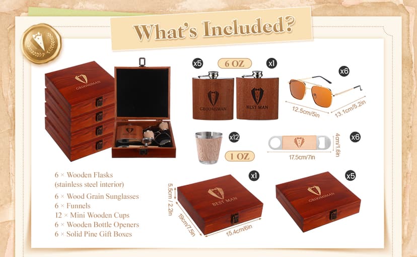 Complete Proposal Gift Set, Box, Flasks, Sunglasses, Funnel, Bottle Opener, Wooden Cups, Bachelor Party Favor 42 Pcs Groomsmen Gifts Set of 6 Wedding Best Man Gift, Brown B0G6ZNR6MC