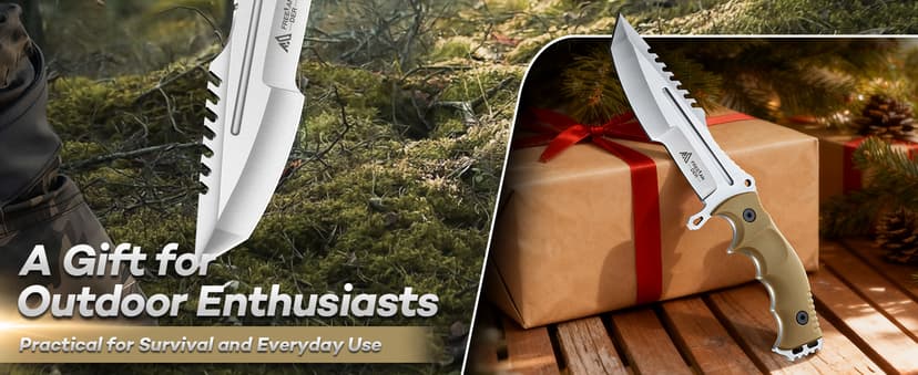 Freelander Fixed Blade Knife with Sheath, Full Tang D2 Steel Survival Knife, Camping Bushcraft Knives with Ergonomic Handle, Outdoor Knives for Men