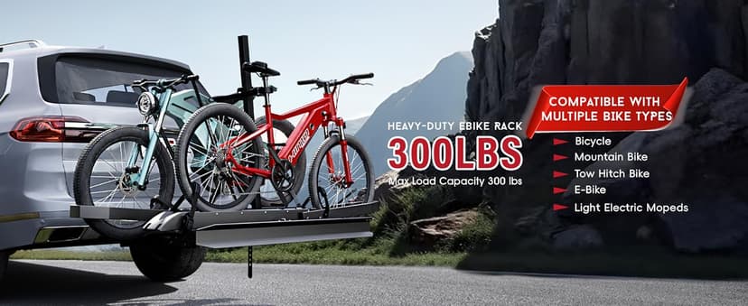 Ebike Rack with Ramp, Foldable Bike Rack for Tow Hitch, Heavy Duty Bike Carrier for 2 Fat Tire Bikes with 300LBS Load Capacity - Fits SUV, Truck, Trailer, RV