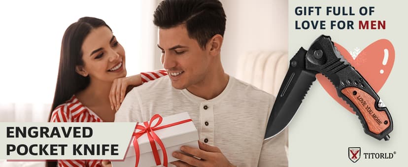 Gifts for Him Men Husband, Christmas Stocking Stuffers, Anniversary Birthday Gifts ideas for Him, Engraved Pocket Knife, Wooden Handle Folding Knife with Wood Box, Unique Outdoor Camping Hiking Tool