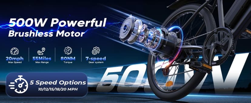 Electric Bike - Electric Bike for Adults 500W, Up to 55 Miles, 20MPH Electric Mountain Bike, 26'' Tires Lightweight E-Bike for Commuting Mountain Road Sand