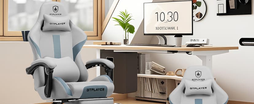 GTPLAYER Gaming Chair with Foot Rest & Pocket Spring Cushion, Ergonomic High Back Computer Desk Chair with Headrest & Lumbar Support for Back Pain Relief, Breathable Fabric, Mist-Blue
