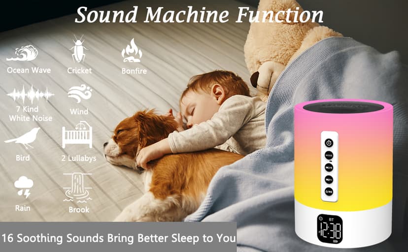 Alarm Clock Bluetooth Speaker, Night Light White Noise Machine Touch Bedside Lamp with Alarm Clock for Kids Multi-Color Changing Night Light Xmas Gifts for Teenage Girls Boys Women Teen Girl Gifts