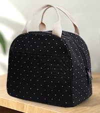 EurCross Upgraded Compact Black Lunch Bag for Girls Women,Canvas Reusable Insulated Polka Dot Lunch Tote Box Bag for Work School