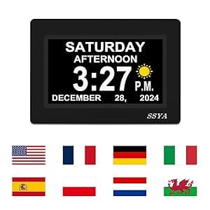 SSYA 7 Inch Calendar Clock - 12 Alarm Options, Level 5 Auto Dimmable Display,Extra Large Impaired Vision Digital Clock with Non-Abbreviated Day & Month (Black)