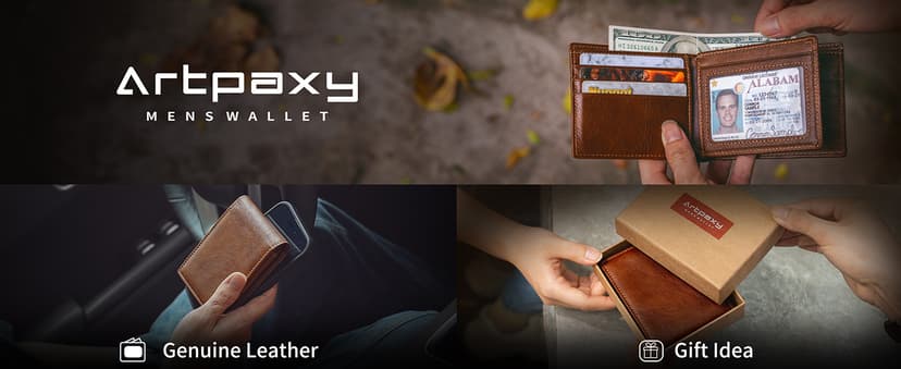 Artpaxy Mens Wallet Genuine Leather Bifold RFID Blocking Wallet for Men with 1 ID Window 13 Card Holders 2 cash pockets 1 Gift Box