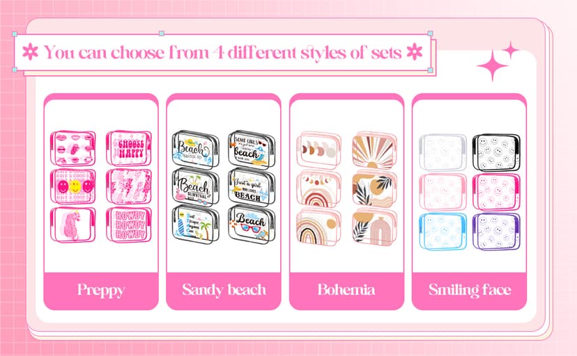 Cunno 6 Pcs Makeup Bags Gifts for Women Preppy Boho Smile Face Flamingo Clear Makeup Bags Cosmetic Transparent PVC Travel Toiletry Organizer(Boho Style)