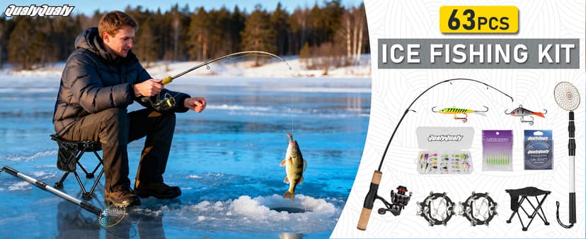Ice Fishing Rod and Reel Combo, 28'' Ice Fishing Rod Set Inline Reels Lures Set Ice Cleat Portable Complete Kit with Carrier Bag/Folding Stool and Fishing Line Ice Fishing Gear