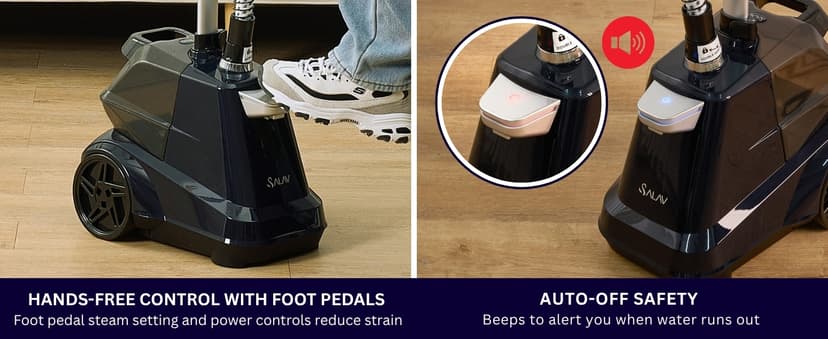 SALAV® Heavy Duty Smart Auto Shut-off Commercial Full-Size Garment Steamer, Beeping Alert when Water Runs out, Foot Pedal Control, XL 3L (101.5 oz) Tank, 1800 watts, 90+min of Continuous Steam, Navy