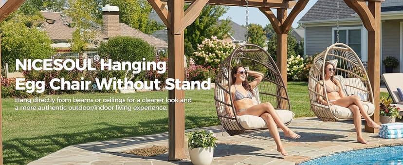 Nicesoul Outdoor Hanging Egg Chair Without Stand, Patio Wicker Swing Egg Basket Chairs with Padded Cushion, 350 Lbs Comfy Cozy Ceiling Tree Swinging Egg-Shaped Chair No Stand for Indoor Balcony, Beige