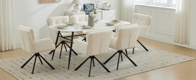 WUTUTUEE Fabric Dining Chair Modern Upholstered Swivel Dining Room Chairs Comfy Accent Armchair with Mid Back, Desk Arm Chair No Wheels for Kitchen/Living Room/Home Office, White